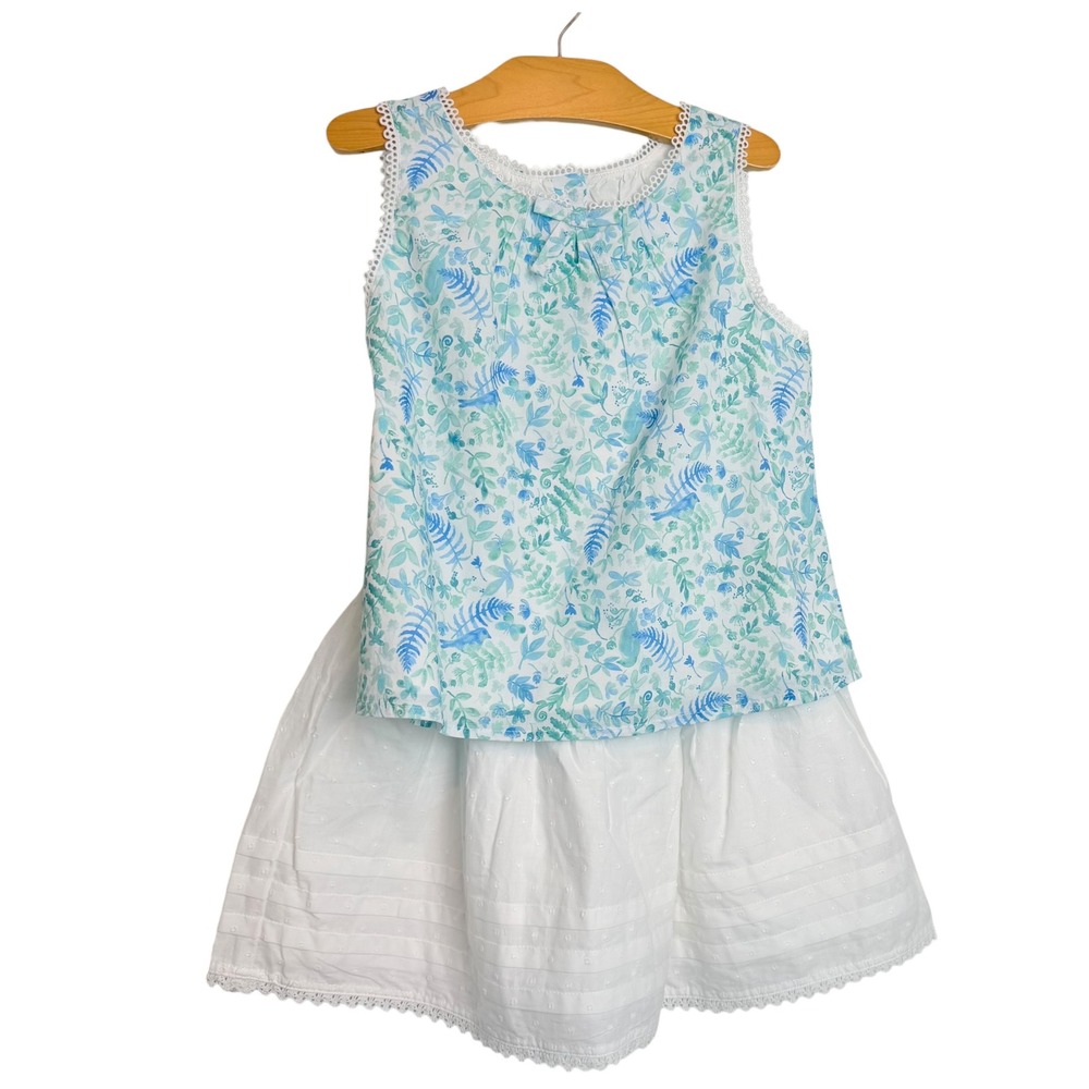 Girls Floral Bird Sleeveless Top and White Swiss Dot Eyelet Skirt Set 2-Piece